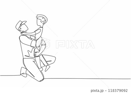 Continuous one line drawing a boy hugs his soldier father with army hat. Kneel. Stare intently with love. Releasing longing.  National Hug a G.I. Day. Single line draw design vector illustration 118379092