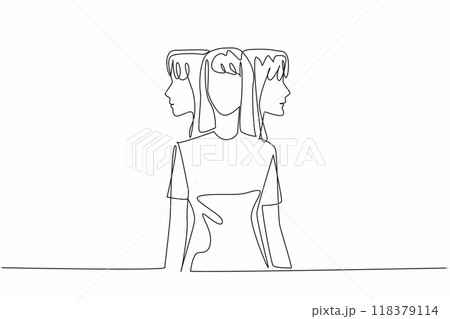 Single continuous line drawing a woman facing forward with two heads behind looking right and left. Mental health problems. Psychology. Multiple Personality Day. One line design vector illustration 118379114