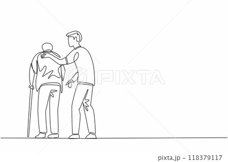 Continuous one line drawing back view a male caregiver on duty guiding old grandfather walking. Patiently carry out obligations. Caregiver Appreciation Day. Single line draw design vector illustration 118379117