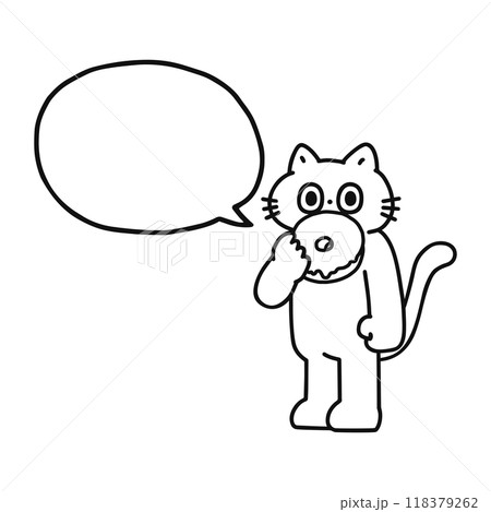 ドーナツを食べるゆかいな猫と吹き出し　線画 118379262