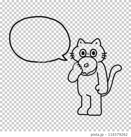 ドーナツを食べるゆかいな猫と吹き出し　線画 118379262
