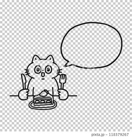 ケーキを食べるゆかいな猫と吹き出し 線画 ケーキを食べるゆかいな猫と吹き出し 線画 118379267