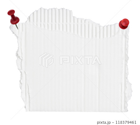 piece of white corrugated paper with pin on white background piece of white corrugated paper with pin on white background 118379461