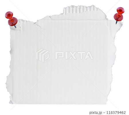 piece of white corrugated paper with pin on white background piece of white corrugated paper with pin on white background 118379462