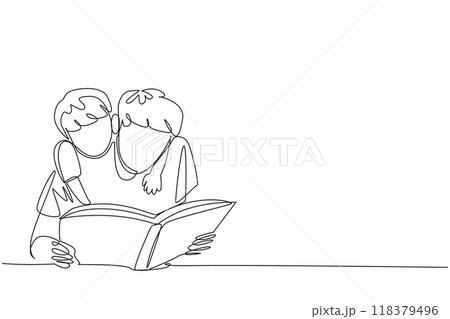 Single one line drawing a boy hugging his father from behind who is reading a book. Expressive. Expression of deep gratitude. International Read to Me Day. Continuous line design graphic illustration 118379496