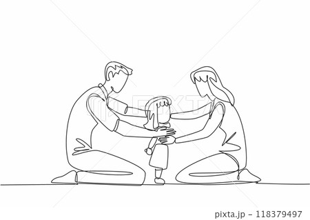 Single one line drawing father and mother kneeling hug daughter from front and back. Time flies so fast. Child continue to grow. Forgive Mom and Dad Day. Continuous line design graphic illustration 118379497