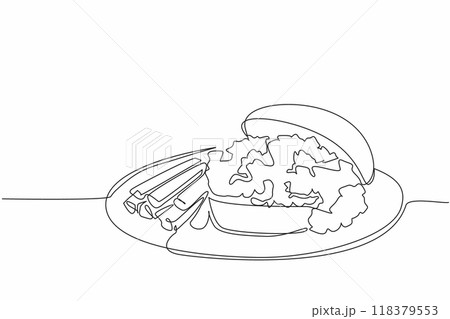 Single continuous line drawing sloppy joes and fries served on round plates. Crunchy french fries. Delicious and savory meat filling. Full. National Sloppy Joe Day. One line design vector illustration Single continuous line drawing sloppy joes and fries served on round plates. Crunchy french fries. Delicious and savory meat filling. Full. National Sloppy Joe Day. One line design vector illustration 118379553