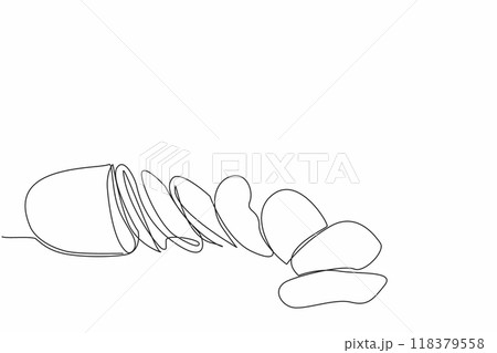 Single one line drawing potatoes with sides cut into small pieces to make potato chips. A brief explanation of how to make chips. National Potato Chip Day. Continuous line design graphic illustration Single one line drawing potatoes with sides cut into small pieces to make potato chips. A brief explanation of how to make chips. National Potato Chip Day. Continuous line design graphic illustration 118379558