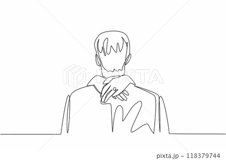 Single continuous line drawing man hugged by two hands behind his neck. The feeling of happiness when the proposal was accepted. Romantic. National Proposal Day. One line design vector illustration Single continuous line drawing man hugged by two hands behind his neck. The feeling of happiness when the proposal was accepted. Romantic. National Proposal Day. One line design vector illustration 118379744