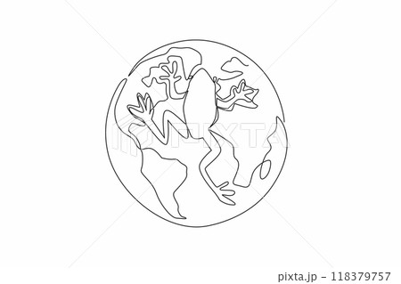 Single continuous line drawing frogs climbing the globe. Animal metaphors rule the world. Quite high animal population. Amphibians. Funny character. World Frog Day. One line design vector illustration 118379757