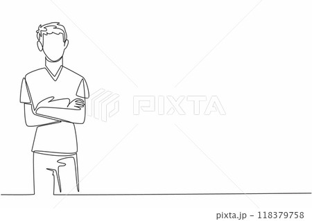 Continuous one line drawing male nurse crosses arms in front of chest. Pose. Medical personnel. Always give the best for patients. Certified Nurses Day. Single line draw design vector illustration 118379758