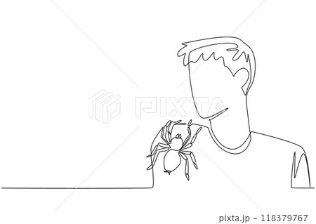 Single continuous line drawing a large spider stuck to a man's sleeve. Keeping tarantulas as pets. A popular pet. Unique courage. Brave. National Save a Spider Day. One line design vector illustration Single continuous line drawing a large spider stuck to a man's sleeve. Keeping tarantulas as pets. A popular pet. Unique courage. Brave. National Save a Spider Day. One line design vector illustration 118379767