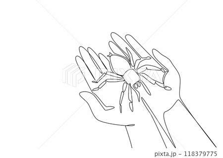 Continuous one line drawing big spider on two palms. Carry with care. Quite a dangerous animal. Has a painful bite. Poisonous. National Save a Spider Day. Single line draw design vector illustration Continuous one line drawing big spider on two palms. Carry with care. Quite a dangerous animal. Has a painful bite. Poisonous. National Save a Spider Day. Single line draw design vector illustration 118379775
