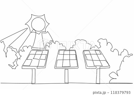 Continuous one line drawing three large solar panels in the city park. Environmentally friendly renewable energy. Eco-friendly. Solar Appreciation Day. Single line draw design vector illustration Continuous one line drawing three large solar panels in the city park. Environmentally friendly renewable energy. Eco-friendly. Solar Appreciation Day. Single line draw design vector illustration 118379793