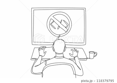 Single one line drawing a man types on a big monitor screen with a no-code sign. Simple application standards for display on the web. National No-Code Day. Continuous line design graphic illustration 118379795