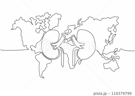 Continuous one line drawing kidney in the middle of the world map. Sense of concern for kidneys must exist throughout the world community. World Kidney Day. Single line draw design vector illustration Continuous one line drawing kidney in the middle of the world map. Sense of concern for kidneys must exist throughout the world community. World Kidney Day. Single line draw design vector illustration 118379799