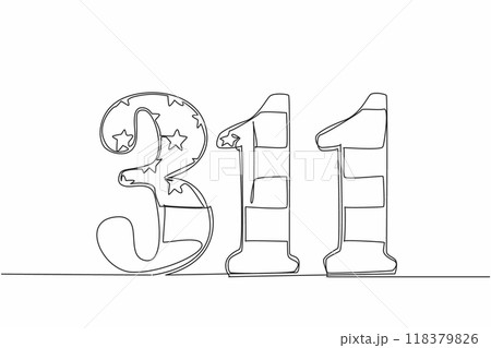 Single continuous line drawing number 311 with american flag. Allows local citizens to get the assistance they need. Get the resources and information. 311 Day. One line design vector illustration 118379826