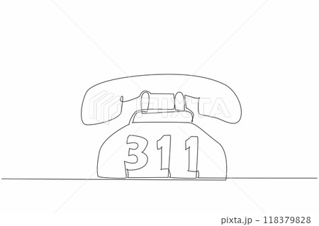 Single continuous line drawing retro telephone with the number 311 in the middle. A non-emergency helpline in various places throughout North America. 311 Day. One line design vector illustration Single continuous line drawing retro telephone with the number 311 in the middle. A non-emergency helpline in various places throughout North America. 311 Day. One line design vector illustration 118379828