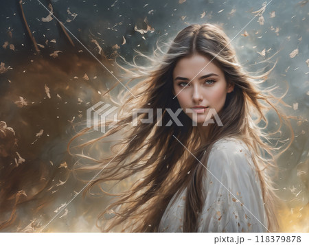 Beautiful woman with long hair blowing in the wind looks charming and attractive. 118379878
