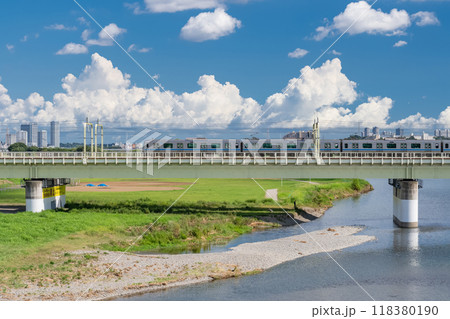 《東京都》夏を走る小田急線・多摩川河川敷 118380190