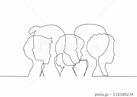 Single continuous line drawing silhouettes of children's heads overlapping each other. Awareness of down syndrome. Having equal rights. World Down Syndrome Day. One line design vector illustration Single continuous line drawing silhouettes of children's heads overlapping each other. Awareness of down syndrome. Having equal rights. World Down Syndrome Day. One line design vector illustration 118380234