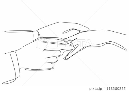 Single one line drawing a man is putting a ring on his partner's ring finger. Happy day. Proposing to the beloved woman. Engaged. National Proposal Day. Continuous line design graphic illustration 118380235
