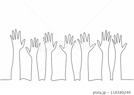 Continuous one line drawing seven colorful hands raise. Rejecting skin color discrimination. International Day for the Elimination of Racial Discrimination. Single line draw design vector illustration Continuous one line drawing seven colorful hands raise. Rejecting skin color discrimination. International Day for the Elimination of Racial Discrimination. Single line draw design vector illustration 118380240