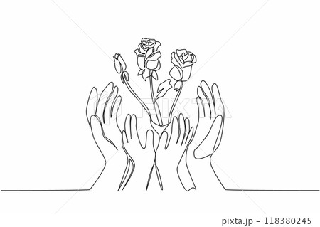 Single continuous line drawing several stalks of roses. Attracting the attention of small children who want to hold it. Maintaining freshness. National Flower Day. One line design vector illustration Single continuous line drawing several stalks of roses. Attracting the attention of small children who want to hold it. Maintaining freshness. National Flower Day. One line design vector illustration 118380245
