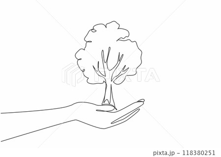 Single one line drawing open palm with big tree on top. There is no time to destroy forest. One big tree has many benefits. International Day of Forests. Continuous line design graphic illustration 118380251