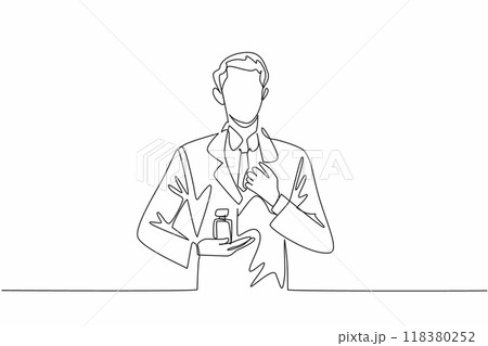 Single continuous line drawing man in suit puts perfume on palm of hand. A very elegant blend of masculine and sporty scents. Make calm. National Fragrance Day. One line design vector illustration 118380252