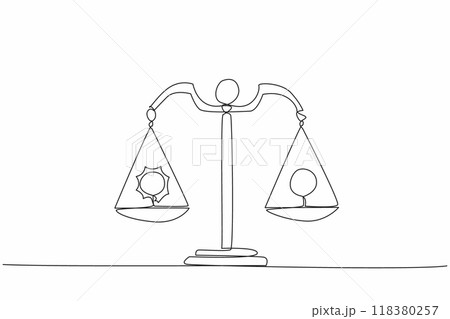 Continuous one line drawing the sun on the left of scale and the full moon on the other side. Balanced. Night and day are the same length. Spring Equinox. Single line draw design vector illustration Continuous one line drawing the sun on the left of scale and the full moon on the other side. Balanced. Night and day are the same length. Spring Equinox. Single line draw design vector illustration 118380257