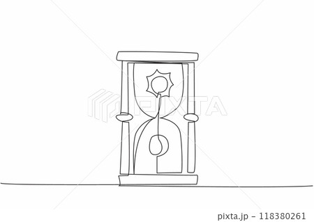 Single one line drawing hourglass as a marker of day and night. Sun on top, full moon on the opposite side. Duration is the same 12 hours. Spring Equinox. Continuous line design graphic illustration Single one line drawing hourglass as a marker of day and night. Sun on top, full moon on the opposite side. Duration is the same 12 hours. Spring Equinox. Continuous line design graphic illustration 118380261