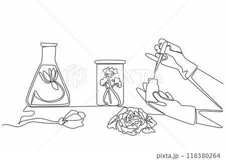 Single continuous line drawing the perfumer are mixing the best perfume formulas. With floral fragrance basenotes. Long lasting fragrance. National Fragrance Day. One line design vector illustration 118380264