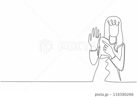 Single continuous line drawing woman shows ring on ring finger. A beautiful widening smile. Share the happiness. Marriage proposal accepted. National Proposal Day. One line design vector illustration Single continuous line drawing woman shows ring on ring finger. A beautiful widening smile. Share the happiness. Marriage proposal accepted. National Proposal Day. One line design vector illustration 118380266