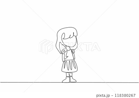 Single continuous line drawing girl standing wearing different socks. Cheerful, affectionate child and easy to get along with. Campaign. World Down Syndrome Day. One line design vector illustration 118380267