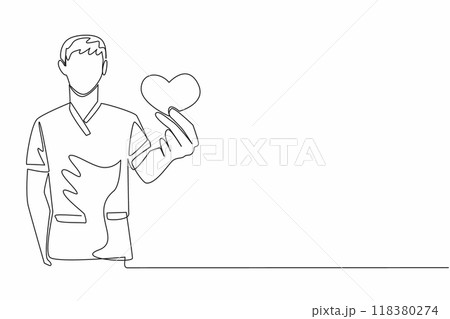 Continuous one line drawing male nurse holding small heart shaped pillow. Provide even the smallest care. Community service. Nursing. Certified Nurses Day. Single line draw design vector illustration Continuous one line drawing male nurse holding small heart shaped pillow. Provide even the smallest care. Community service. Nursing. Certified Nurses Day. Single line draw design vector illustration 118380274