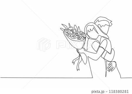 Single one line drawing man hugging woman and woman holding bouquet of flowers. Saying yes when proposed. Day of happiness. Beloved. National Proposal Day. Continuous line design graphic illustration Single one line drawing man hugging woman and woman holding bouquet of flowers. Saying yes when proposed. Day of happiness. Beloved. National Proposal Day. Continuous line design graphic illustration 118380281