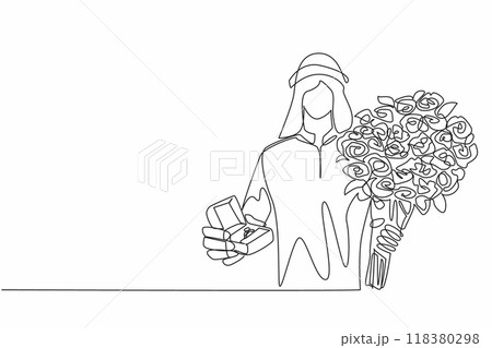 Single continuous line drawing Arab man dressed neatly in robe carrying a bouquet of flowers and a ring box. Approaching to propose marriage. National Proposal Day. One line design vector illustration 118380298