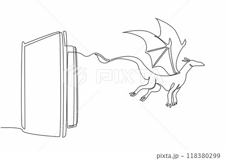 Single continuous line drawing the book opens and a flying dragon comes out. Fairy tales. Fiction and fantasy stories. Bedtime companions. World Storytelling Day. One line design vector illustration 118380299