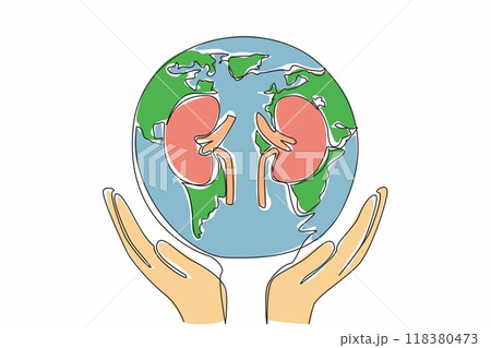 Continuous one line drawing kidney in center of the globe supported by both hands. Informing the world community about kidney concerns. World Kidney Day. Single line draw design vector illustration 118380473