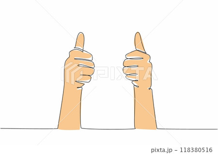 Single continuous line drawing two hands with thumbs up gesture. Awesome sign. Two-way communication from a distance. Agreement. International Day of Awesomeness. One line design vector illustration 118380516