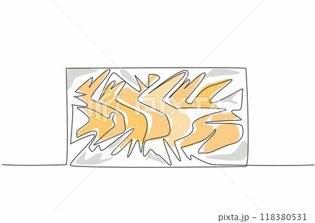 Single continuous line drawing chicken wings in a box. Fresh purchase at the supermarket. Ready to process to healthy and protein snacks. National Frozen Food Day. One line design vector illustration Single continuous line drawing chicken wings in a box. Fresh purchase at the supermarket. Ready to process to healthy and protein snacks. National Frozen Food Day. One line design vector illustration 118380531