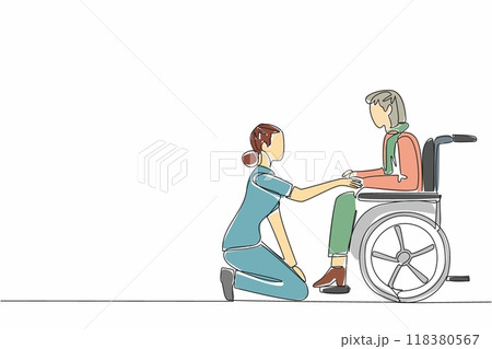 Single one line drawing caregiver kneeling. Make conversation with old grandmother who sitting on wheelchair. Support. Friendly. Caregiver Appreciation Day. Continuous line design graphic illustration Single one line drawing caregiver kneeling. Make conversation with old grandmother who sitting on wheelchair. Support. Friendly. Caregiver Appreciation Day. Continuous line design graphic illustration 118380567