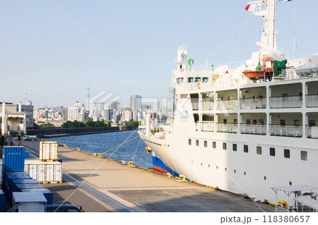 竹芝桟橋に停泊中のおがさわら丸の風景 118380657