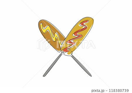 Single one line drawing two crossed corn dogs. Complete with chili sauce and mayonnaise to add to the delicious taste. Dessert logo. National Corn Dog Day. Continuous line design graphic illustration Single one line drawing two crossed corn dogs. Complete with chili sauce and mayonnaise to add to the delicious taste. Dessert logo. National Corn Dog Day. Continuous line design graphic illustration 118380739