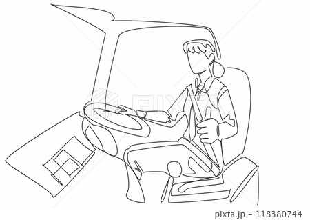 Continuous one line drawing female bus driver giving thumbs up gesture. Transit at the rest area is over. Time to go again. Transit Driver Appreciation Day. Single line draw design vector illustration 118380744