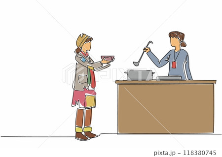 Single one line drawing woman giving food to old grandmother. Providing nutritious food for elderly people. Sincerely help others. World Social Work Day. Continuous line design graphic illustration 118380745