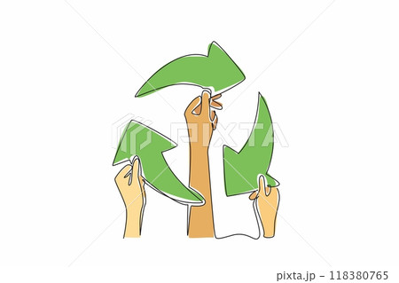 Continuous one line drawing three hands make a recycle symbol. Sign. Arrow. Care. An invitation to use something that can be recycled. Global Recycling Day. Single line draw design vector illustration 118380765