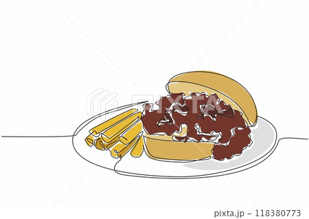 Single continuous line drawing sloppy joes and fries served on round plates. Crunchy french fries. Delicious and savory meat filling. Full. National Sloppy Joe Day. One line design vector illustration 118380773