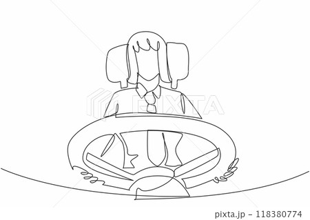 Continuous one line drawing female driver holding the bus steering wheel. Professional in work. Focus on driving. Serious. Transit Driver Appreciation Day. Single line draw design vector illustration 118380774